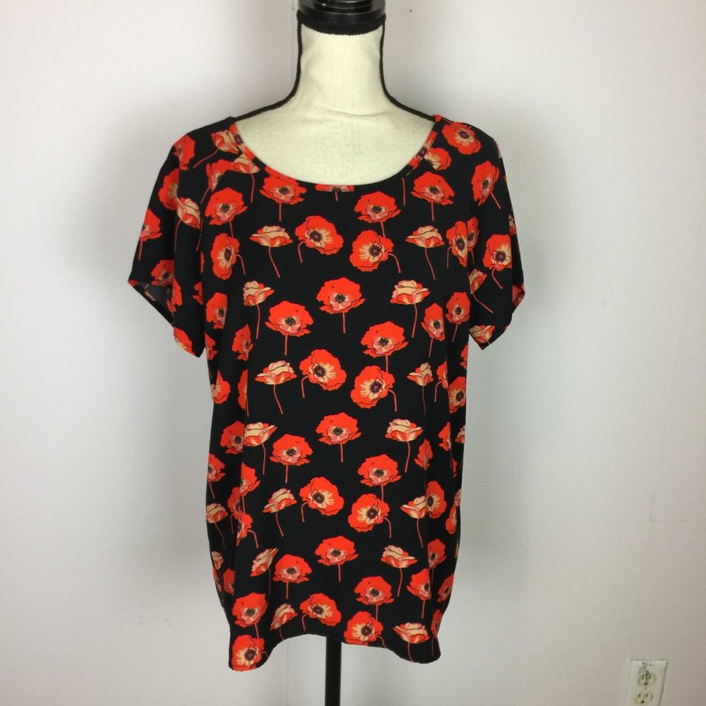 CAbi Blouse Shirt Top Size M Womans Black Orange Flanders Poppy Split Back #3251
